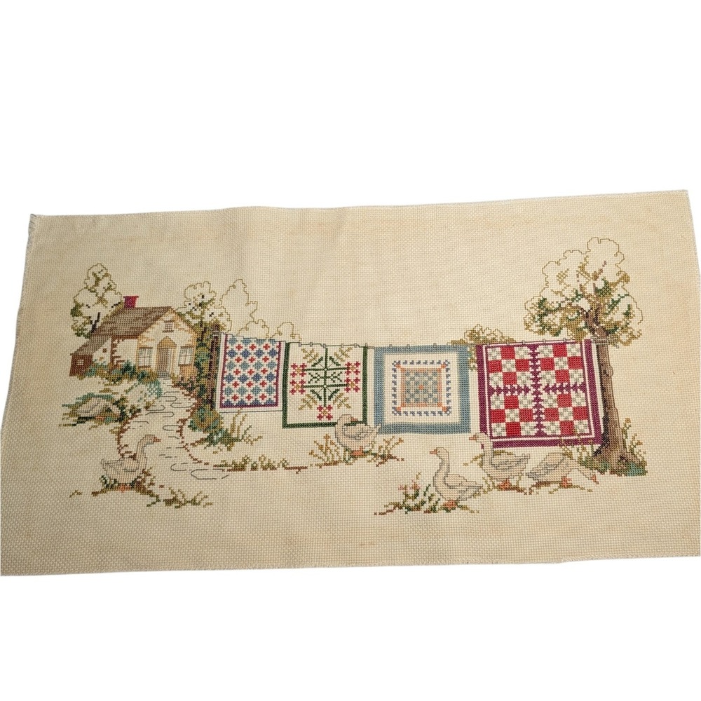 Finished Counted Cross Stitch Quilts Clothesline Cottage Core Vintage Geese SEE